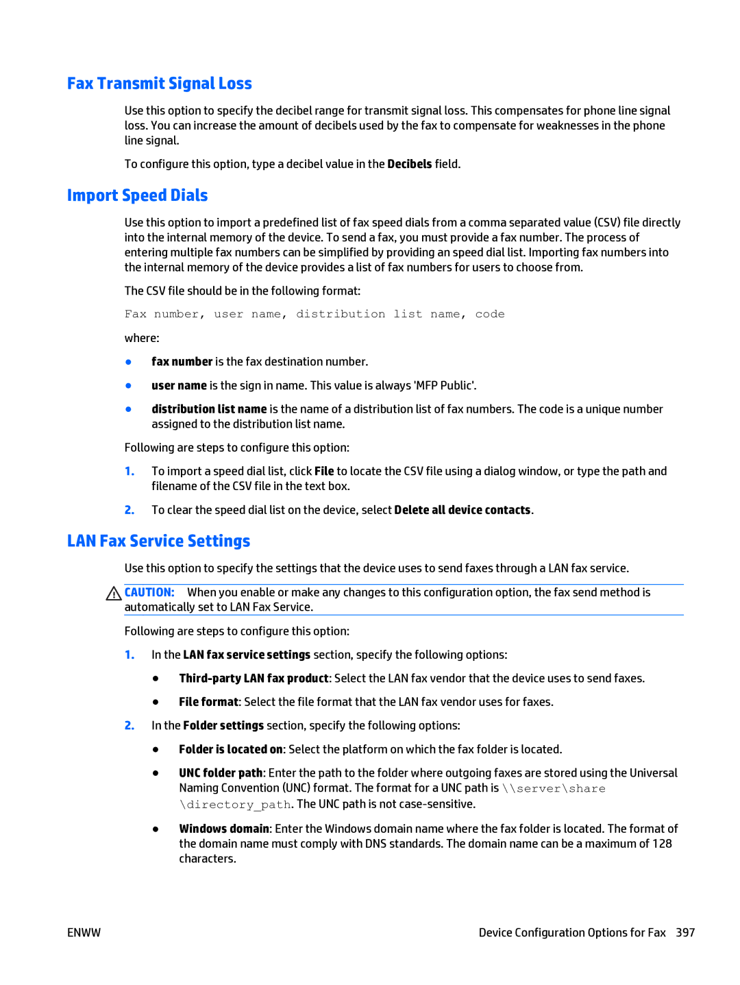 HP Web Jetadmin Software manual Fax Transmit Signal Loss, Import Speed Dials, LAN Fax Service Settings 