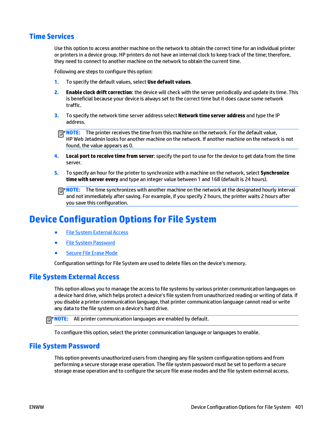 HP Web Jetadmin Software manual Device Configuration Options for File System, Time Services, File System External Access 