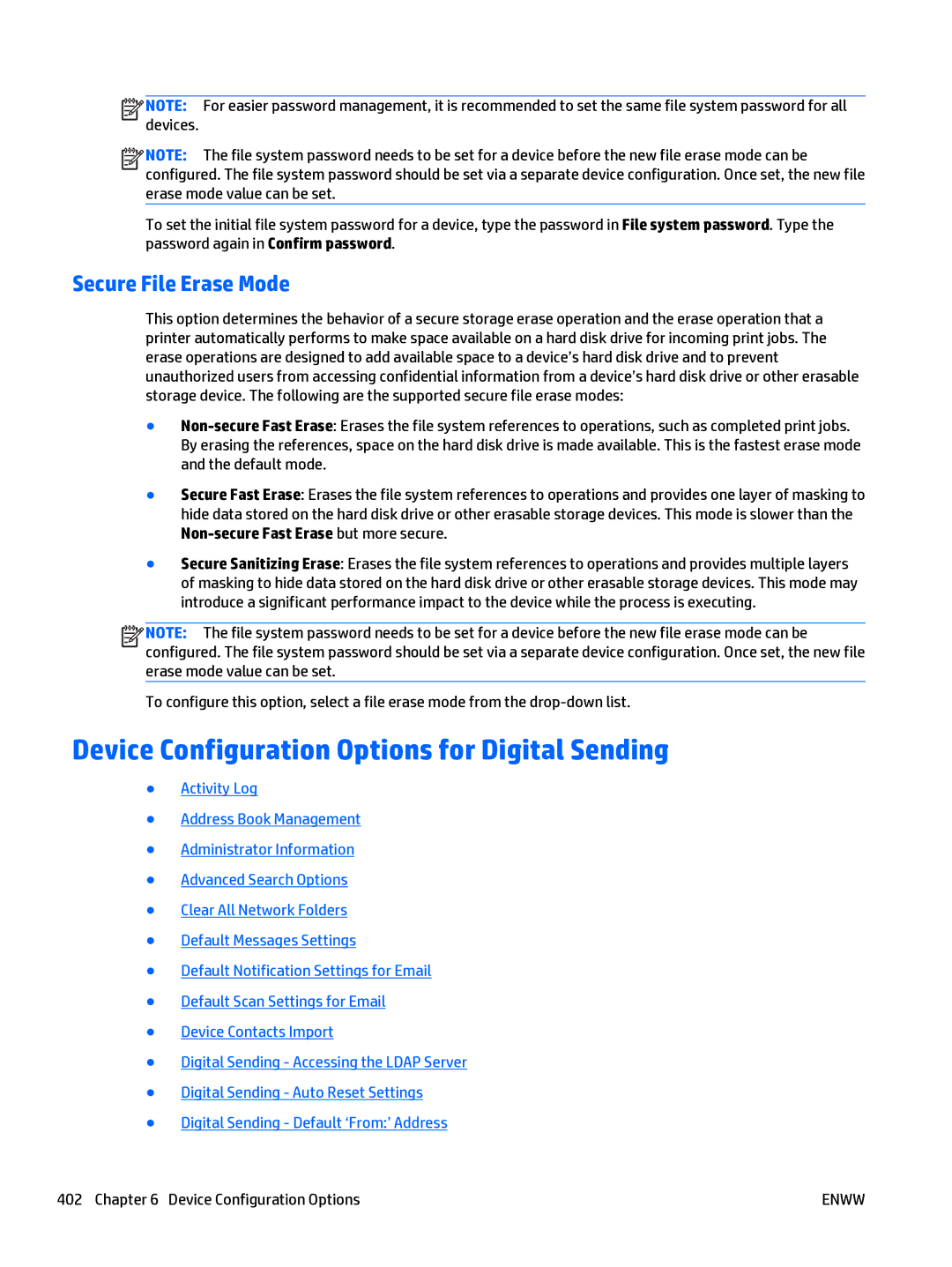 HP Web Jetadmin Software manual Device Configuration Options for Digital Sending, Secure File Erase Mode 