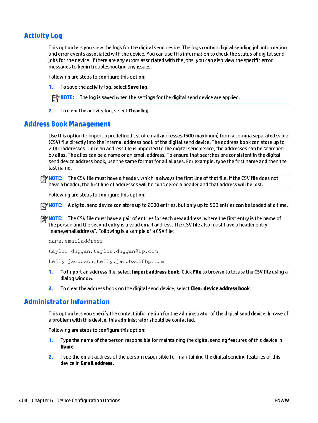 HP Web Jetadmin Software manual Activity Log, Address Book Management, Administrator Information 