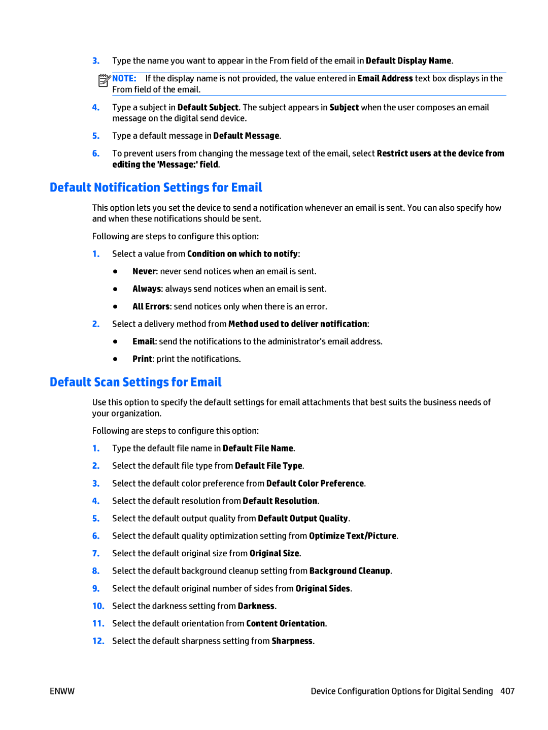 HP Web Jetadmin Software manual Default Notification Settings for Email, Default Scan Settings for Email 