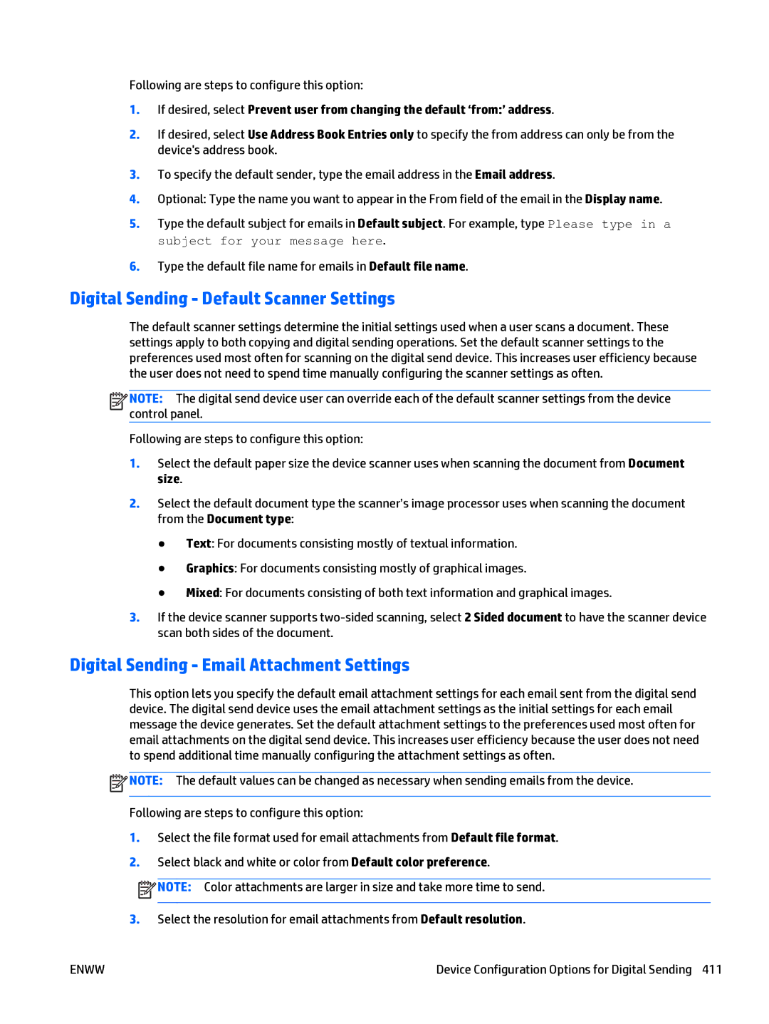 HP Web Jetadmin Software manual Digital Sending Default Scanner Settings, Digital Sending Email Attachment Settings 