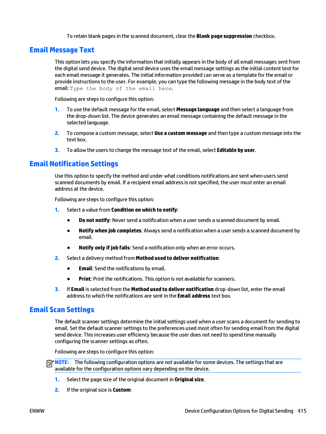 HP Web Jetadmin Software manual Email Message Text, Email Notification Settings, Email Scan Settings 