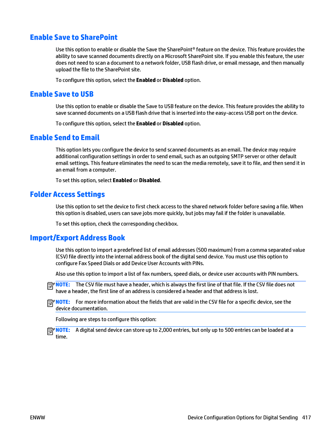 HP Web Jetadmin Software manual Enable Save to SharePoint, Enable Save to USB, Enable Send to Email, Folder Access Settings 