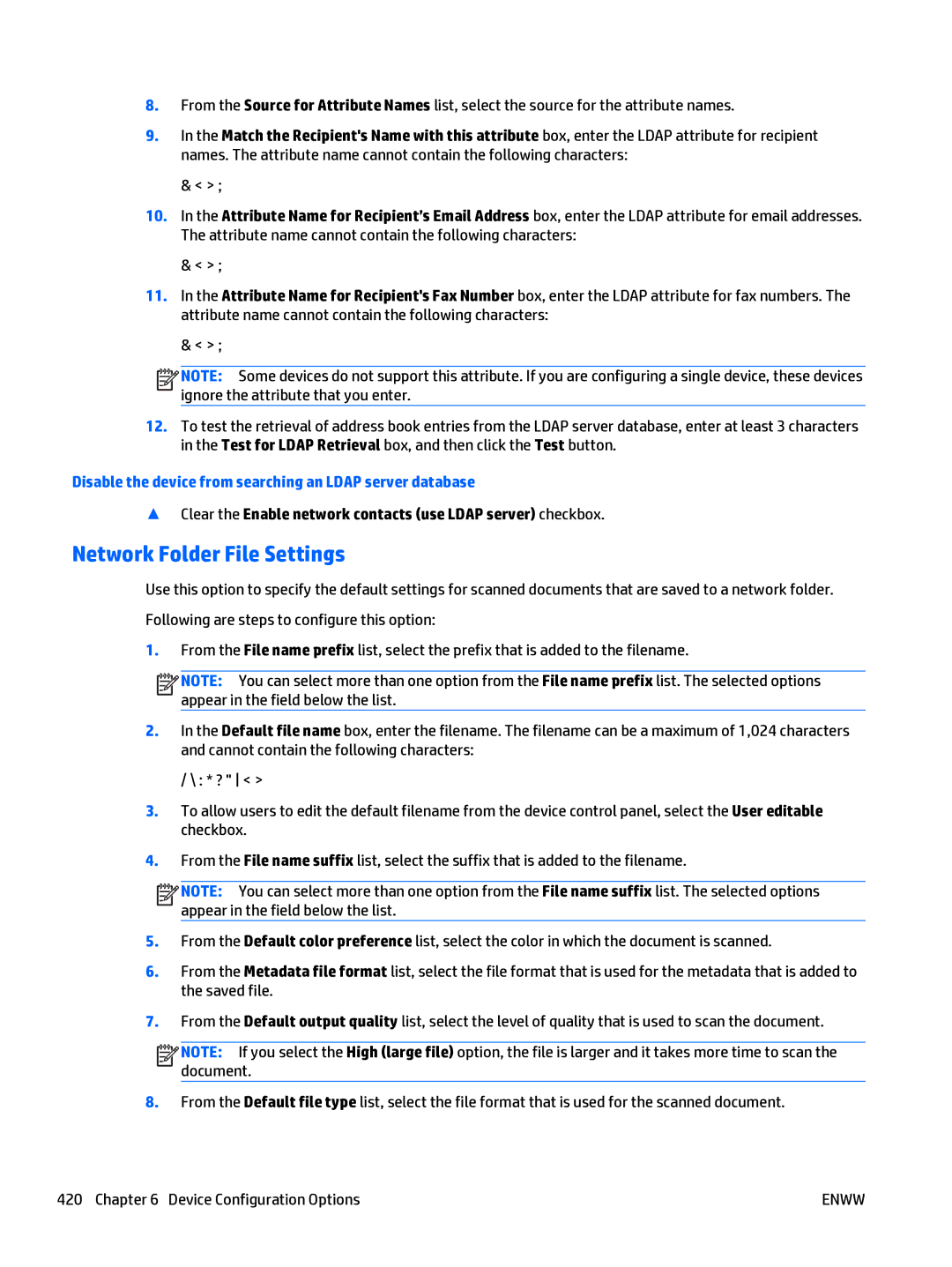 HP Web Jetadmin Software manual Network Folder File Settings, Disable the device from searching an Ldap server database 