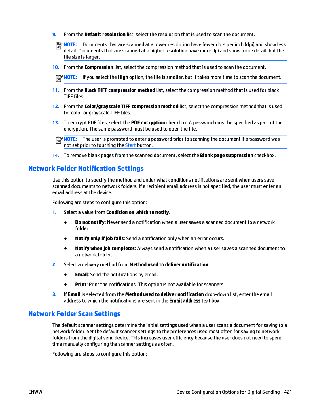 HP Web Jetadmin Software manual Network Folder Notification Settings, Network Folder Scan Settings 