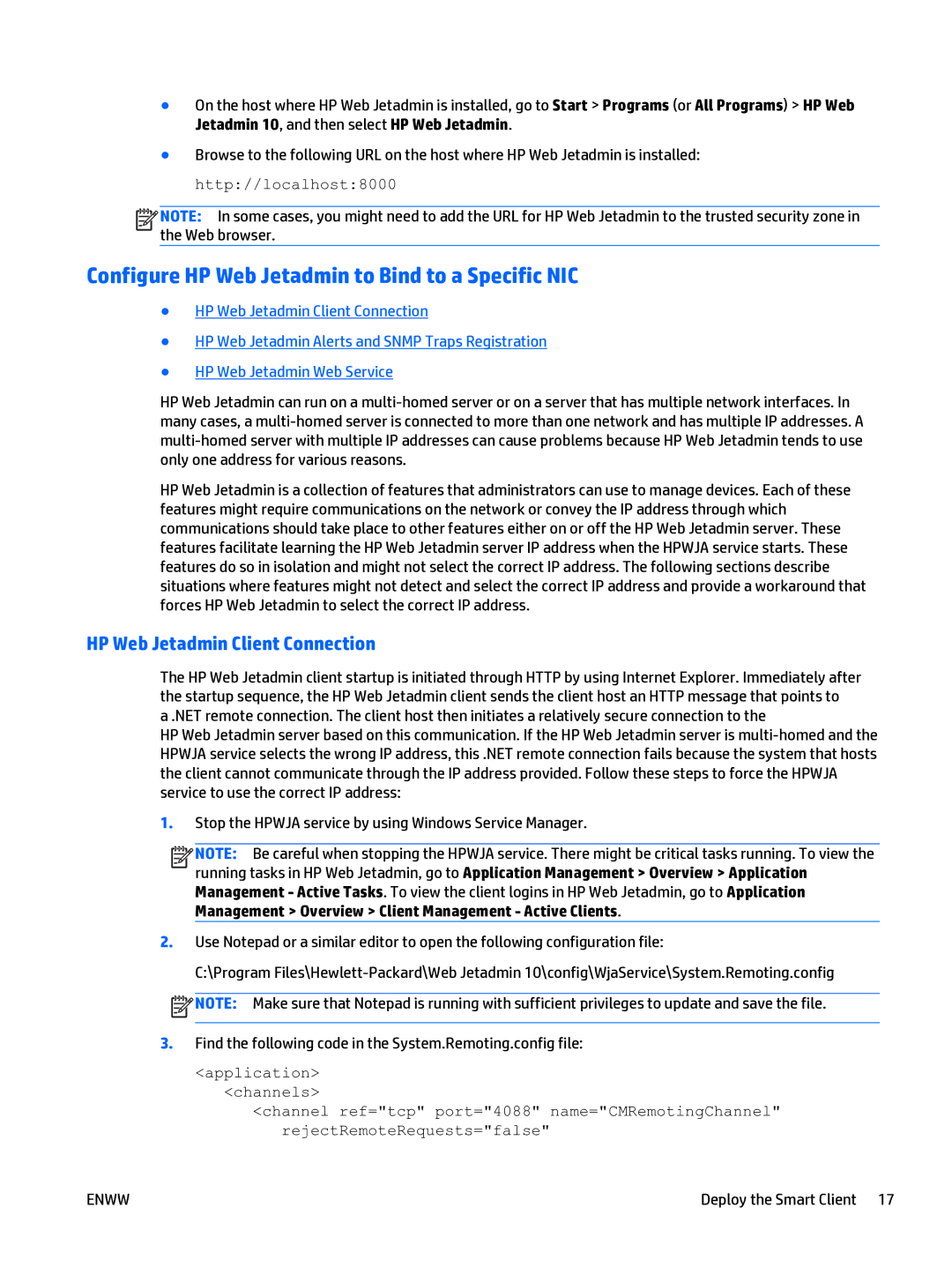 HP Web Jetadmin Software manual Configure HP Web Jetadmin to Bind to a Specific NIC, HP Web Jetadmin Client Connection 