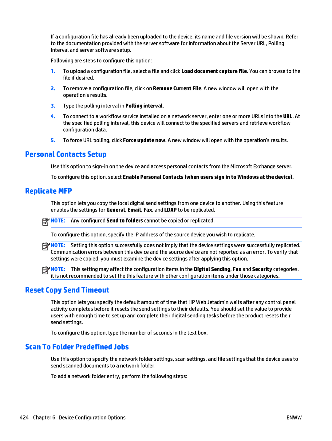 HP Web Jetadmin Software Personal Contacts Setup, Replicate MFP, Reset Copy Send Timeout, Scan To Folder Predefined Jobs 