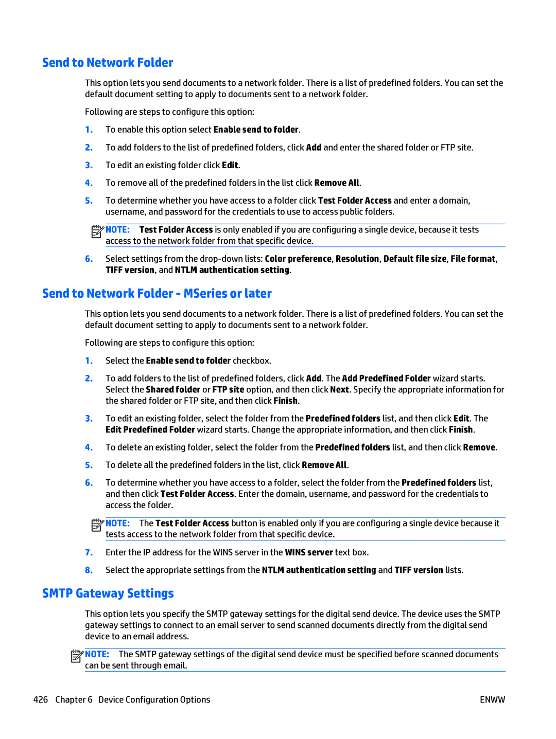 HP Web Jetadmin Software manual Send to Network Folder MSeries or later, Smtp Gateway Settings 