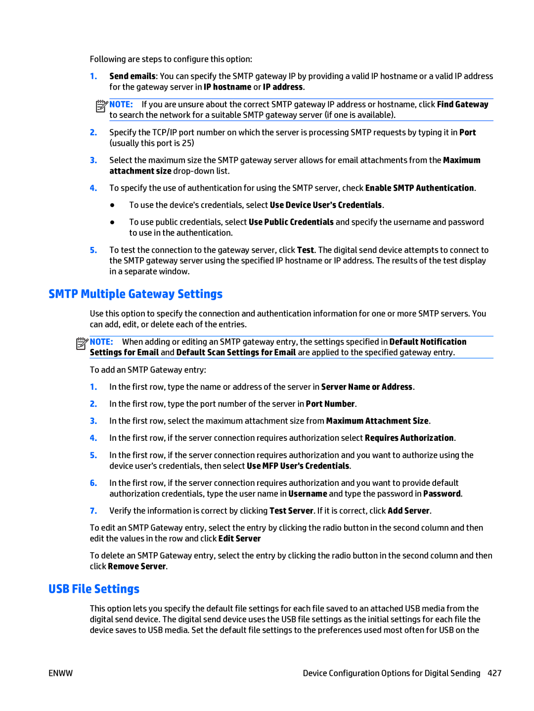 HP Web Jetadmin Software manual Smtp Multiple Gateway Settings, USB File Settings 