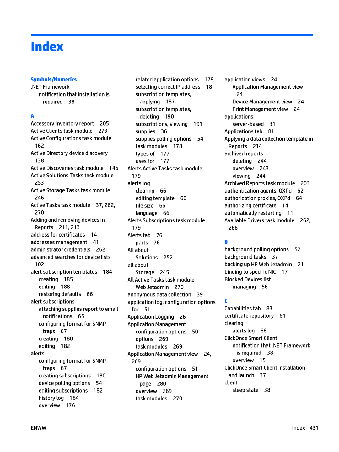 HP Web Jetadmin Software manual Index, Symbols/Numerics 