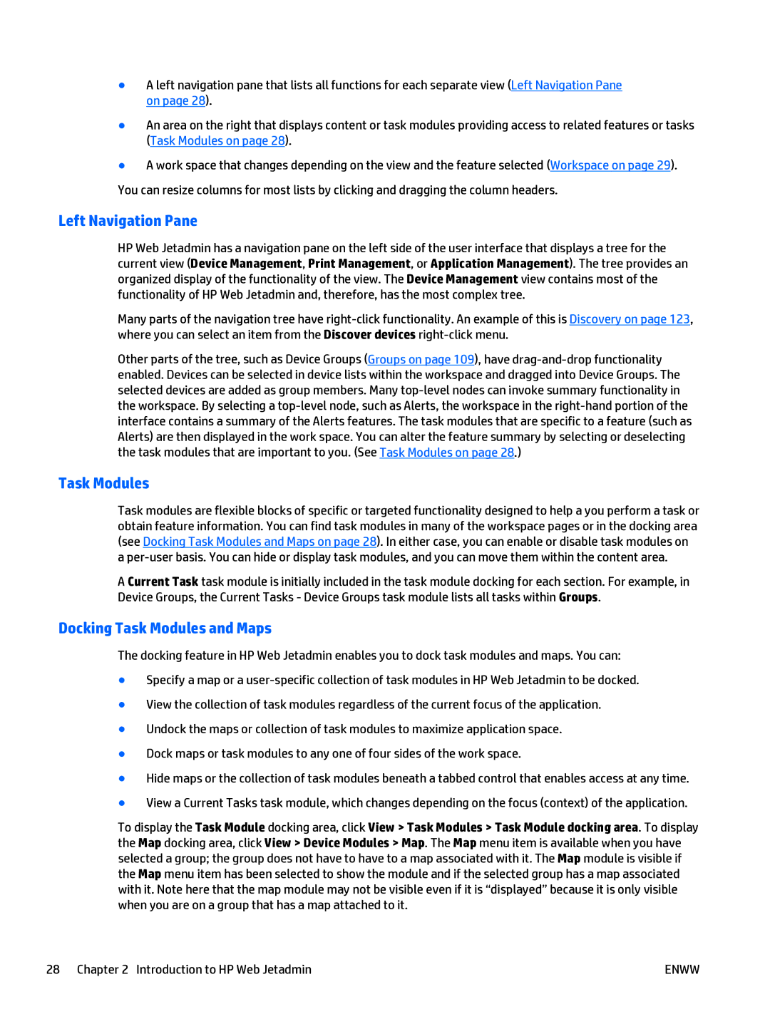 HP Web Jetadmin Software manual Left Navigation Pane, Docking Task Modules and Maps 