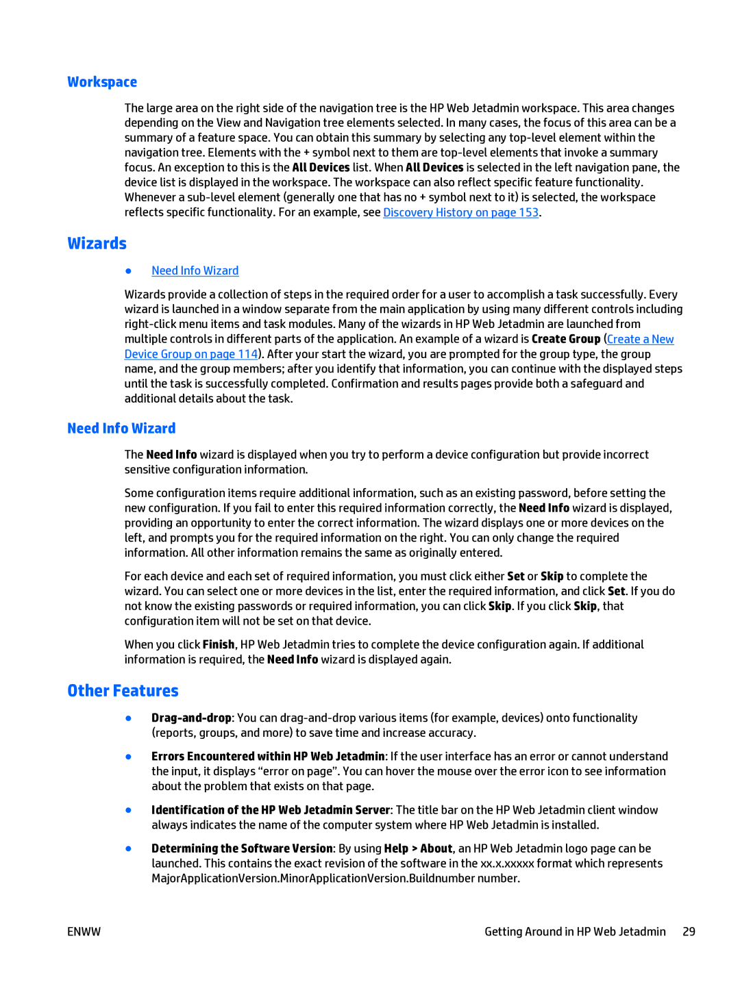 HP Web Jetadmin Software manual Wizards, Other Features, Workspace, Need Info Wizard 