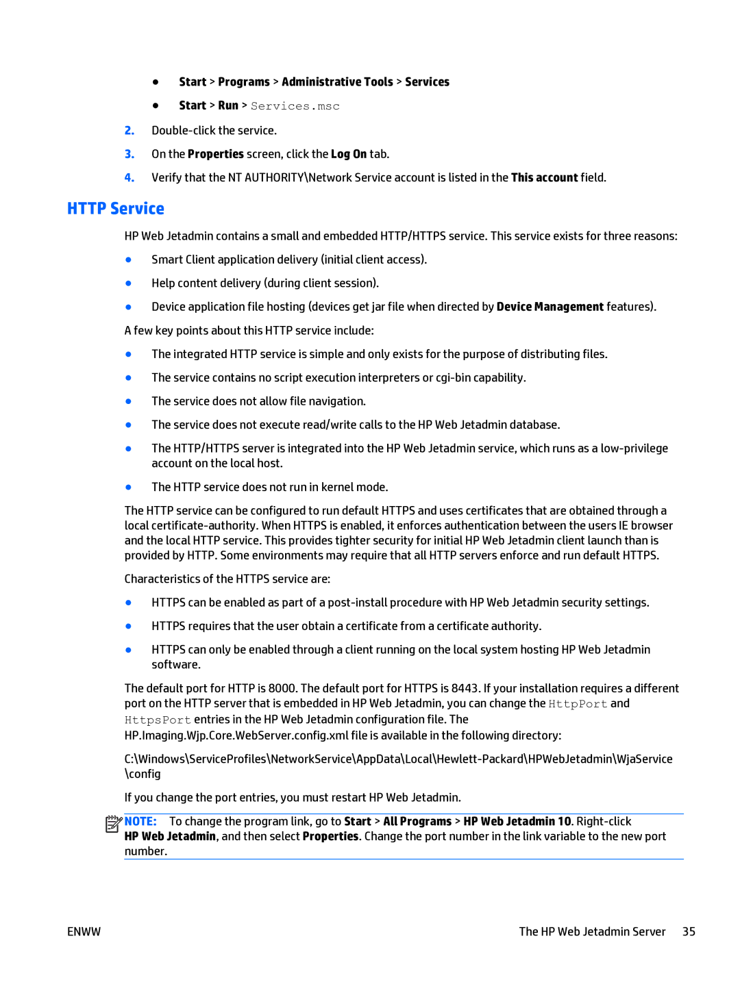 HP Web Jetadmin Software manual Http Service, Start Programs Administrative Tools Services 