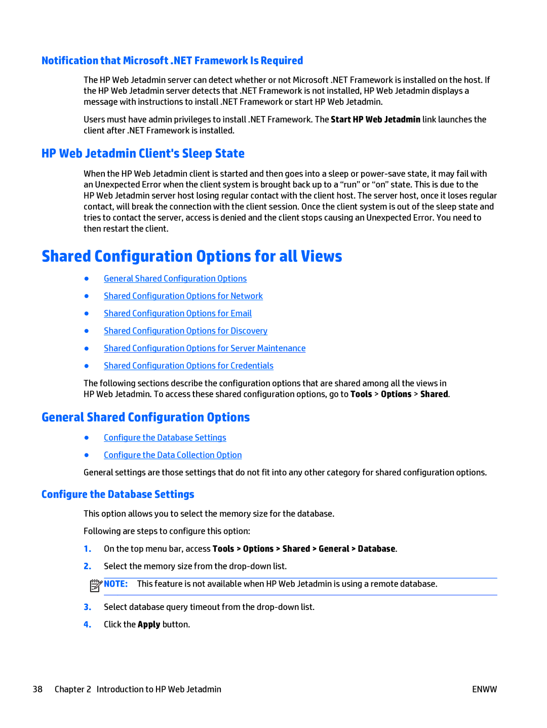 HP Web Jetadmin Software manual Shared Configuration Options for all Views, HP Web Jetadmin Clients Sleep State 