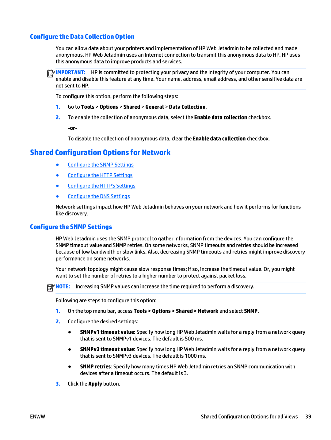 HP Web Jetadmin Software manual Shared Configuration Options for Network, Configure the Data Collection Option 