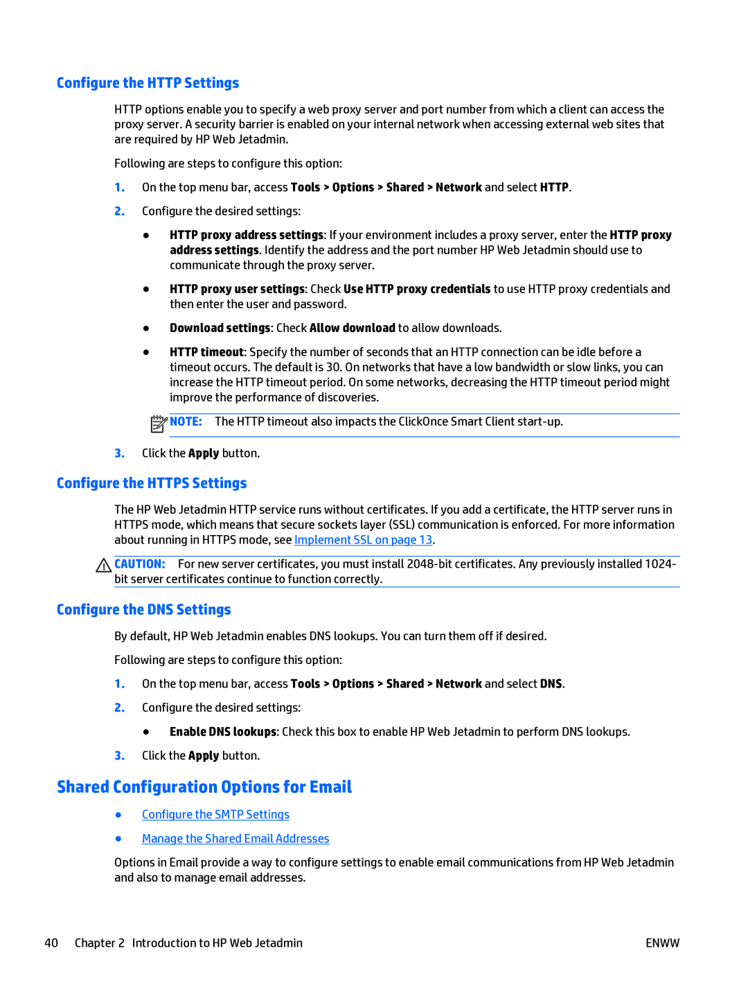 HP Web Jetadmin Software Shared Configuration Options for Email, Configure the Http Settings, Configure the Https Settings 