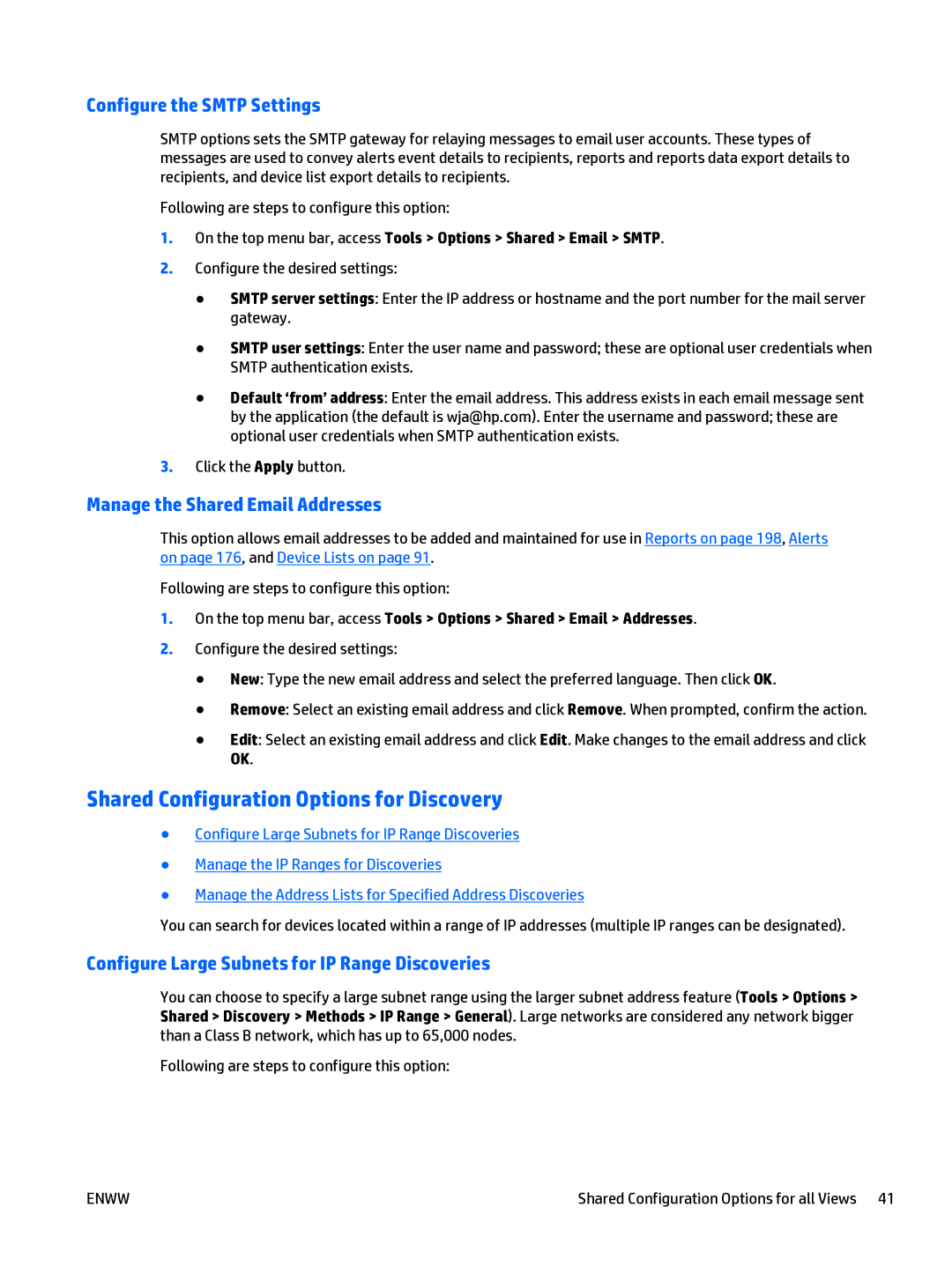 HP Web Jetadmin Software manual Shared Configuration Options for Discovery, Configure the Smtp Settings 