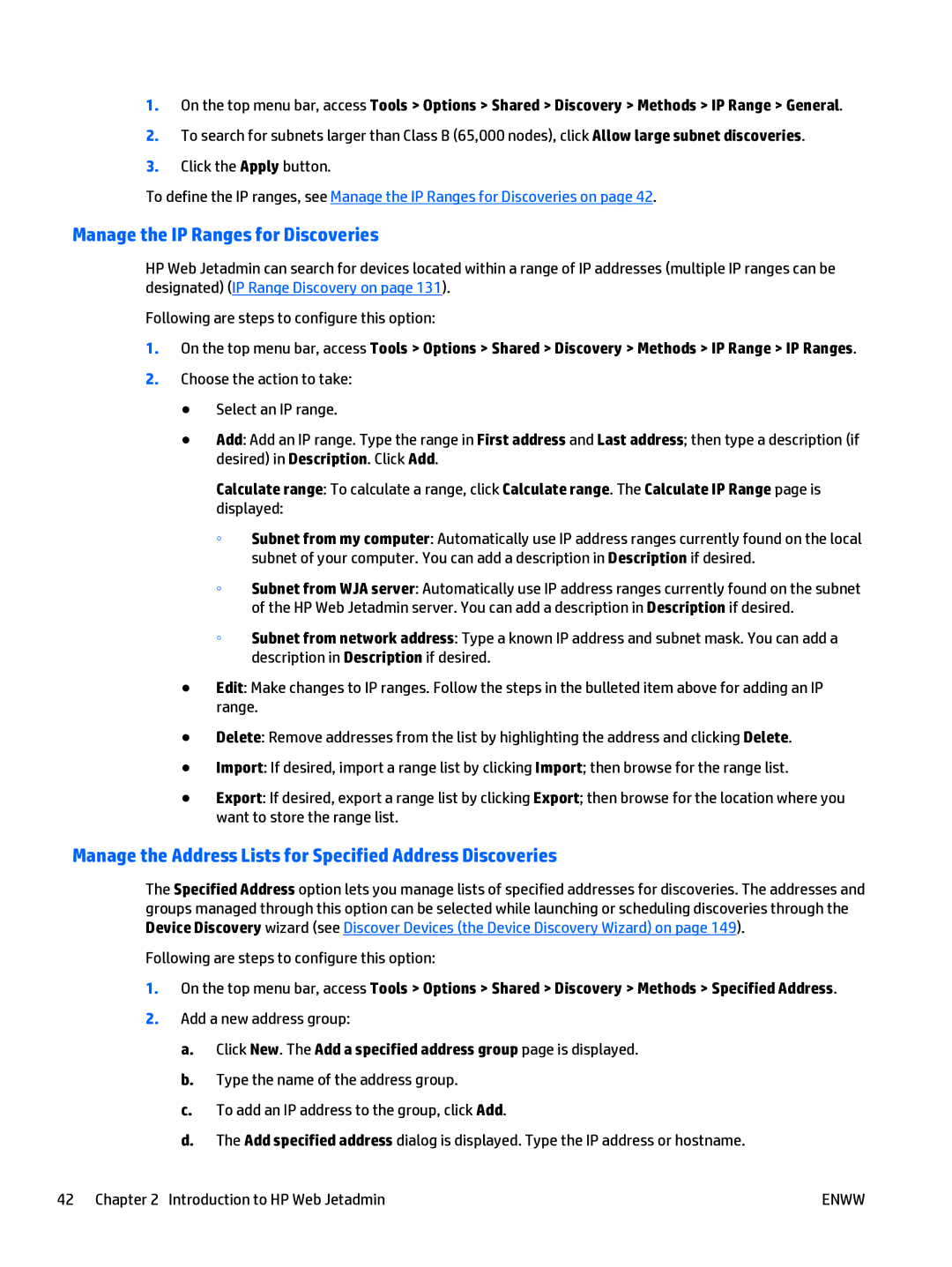 HP Web Jetadmin Software Manage the IP Ranges for Discoveries, Manage the Address Lists for Specified Address Discoveries 