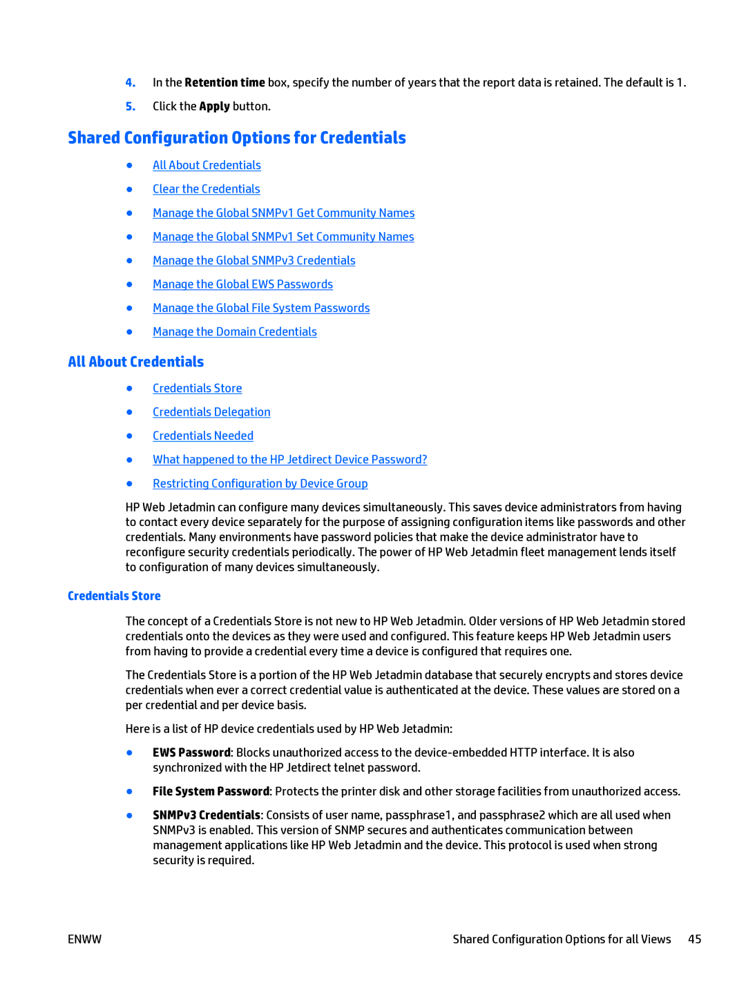 HP Web Jetadmin Software manual Shared Configuration Options for Credentials, All About Credentials, Credentials Store 