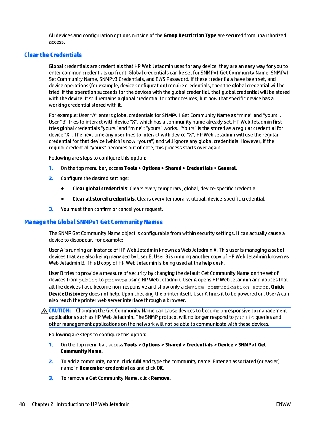 HP Web Jetadmin Software manual Clear the Credentials, Manage the Global SNMPv1 Get Community Names 