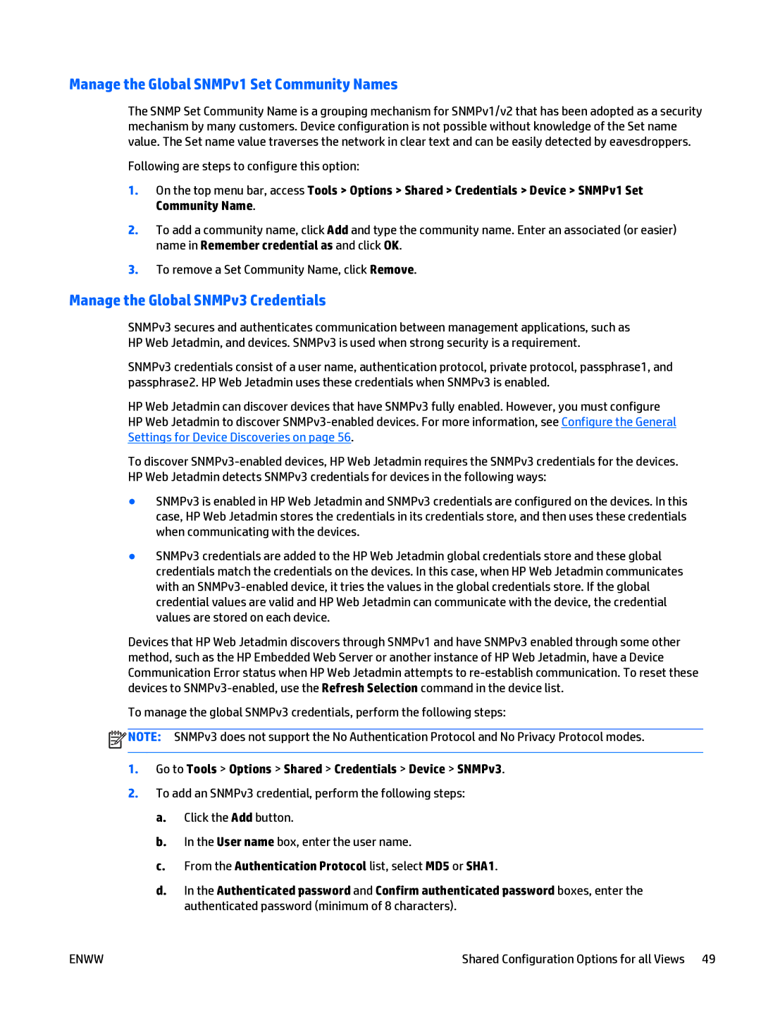 HP Web Jetadmin Software manual Manage the Global SNMPv1 Set Community Names, Manage the Global SNMPv3 Credentials 