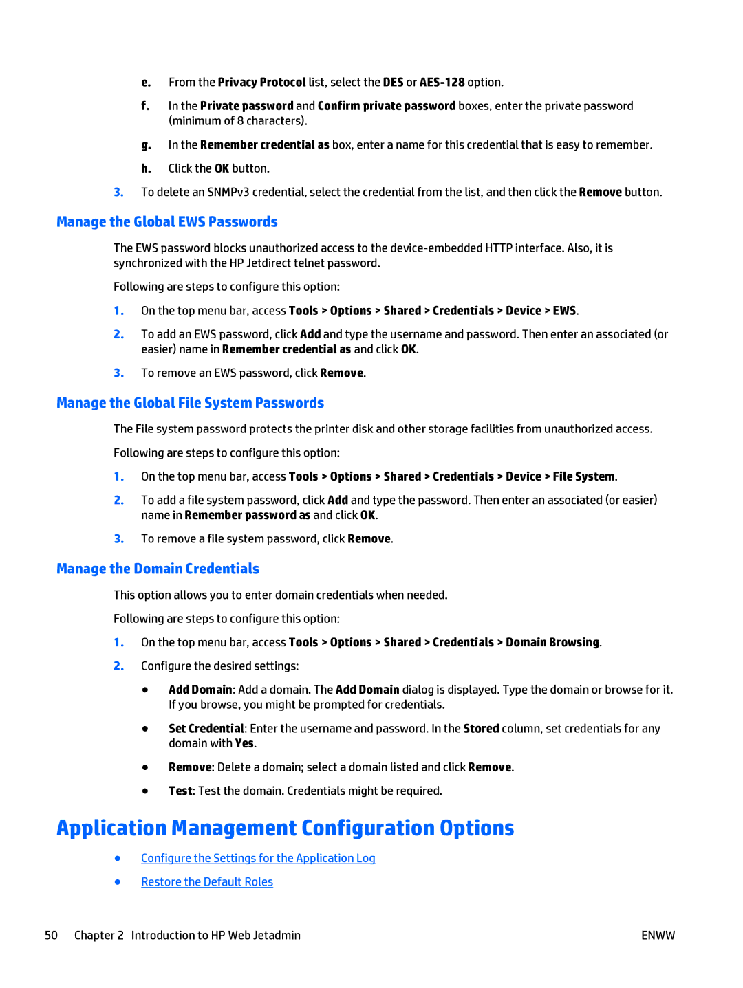 HP Web Jetadmin Software manual Application Management Configuration Options, Manage the Global EWS Passwords 