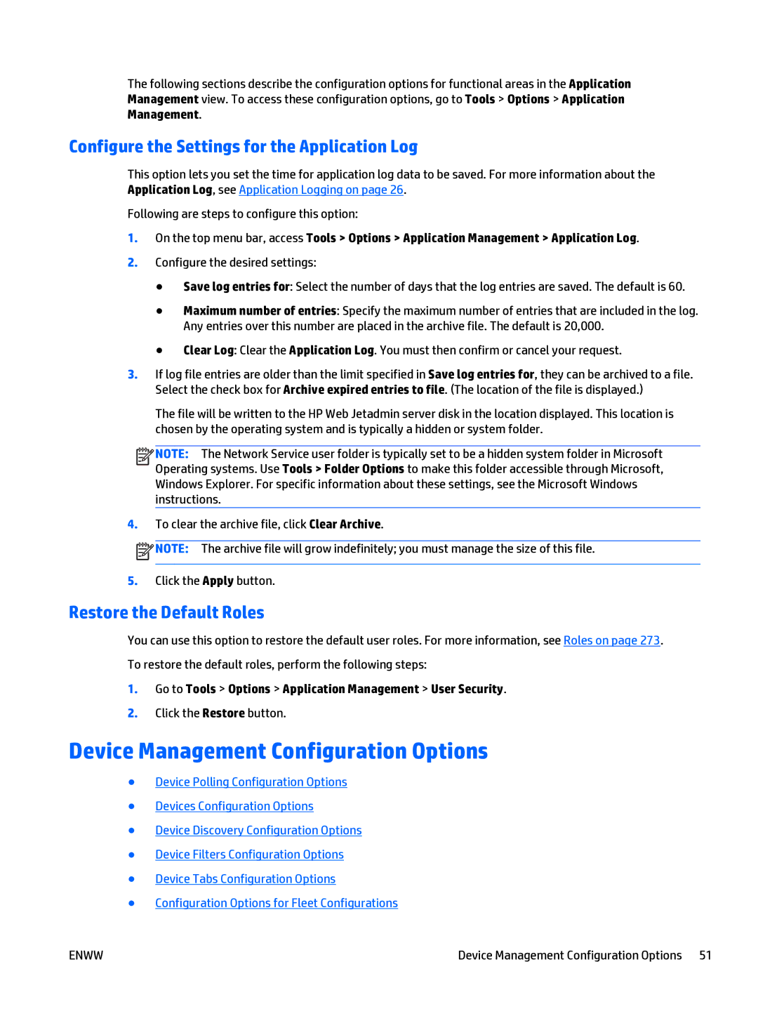 HP Web Jetadmin Software manual Device Management Configuration Options, Configure the Settings for the Application Log 