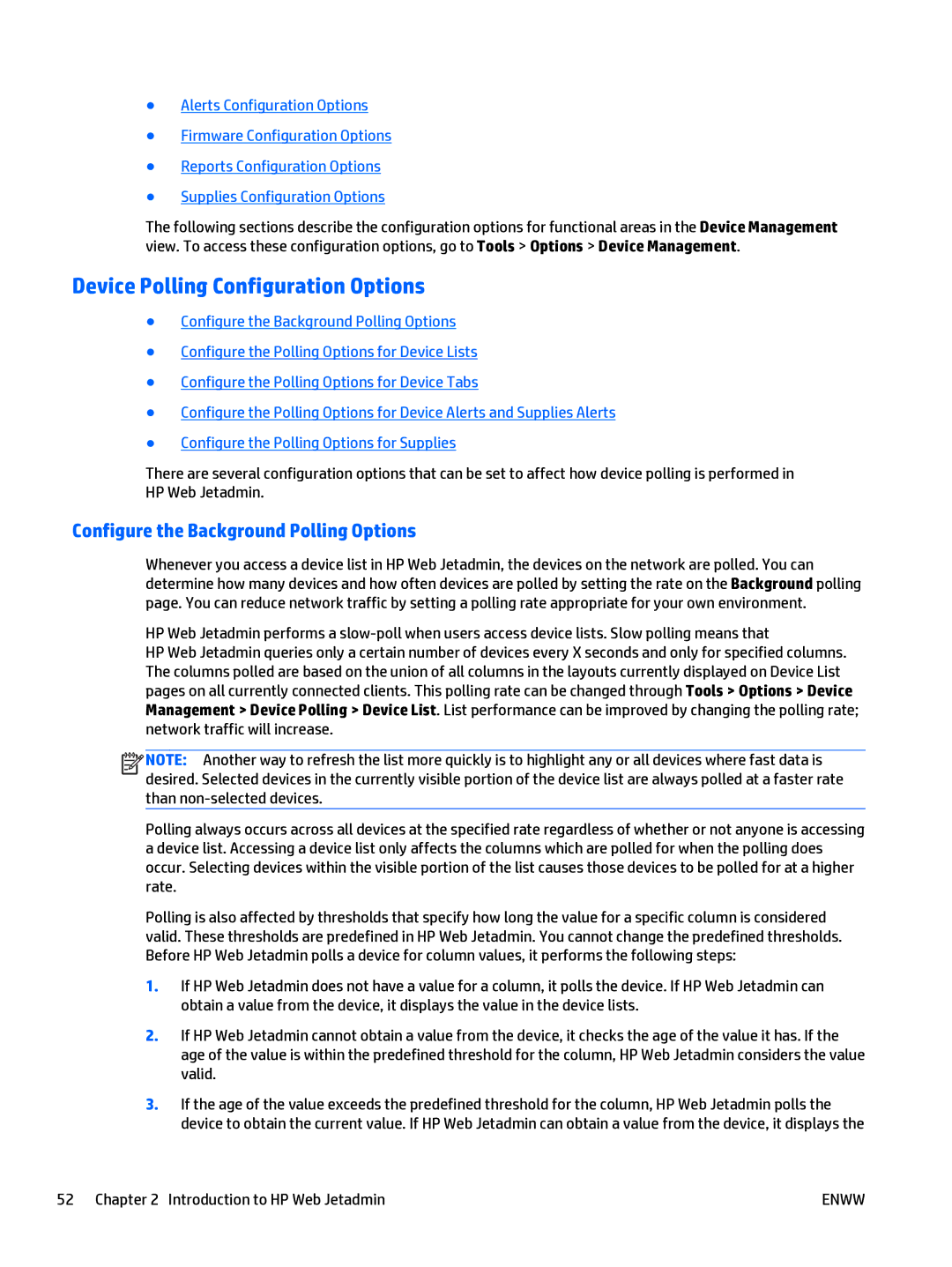 HP Web Jetadmin Software manual Device Polling Configuration Options, Configure the Background Polling Options 