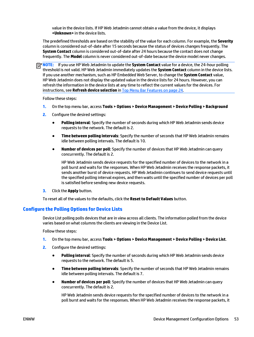 HP Web Jetadmin Software manual Configure the Polling Options for Device Lists 