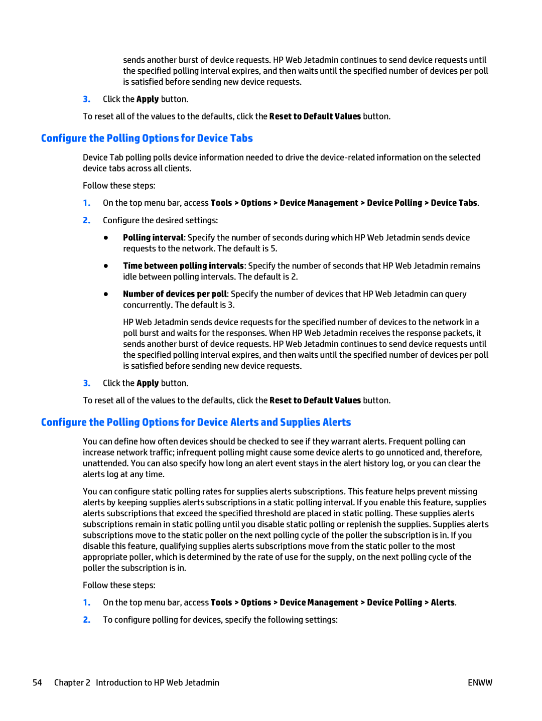 HP Web Jetadmin Software manual Configure the Polling Options for Device Tabs 