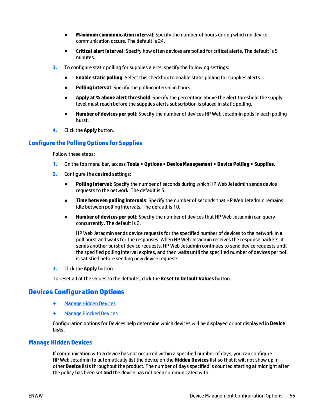 HP Web Jetadmin Software Devices Configuration Options, Configure the Polling Options for Supplies, Manage Hidden Devices 