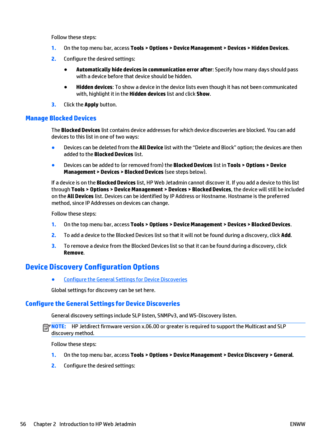 HP Web Jetadmin Software manual Device Discovery Configuration Options, Manage Blocked Devices 