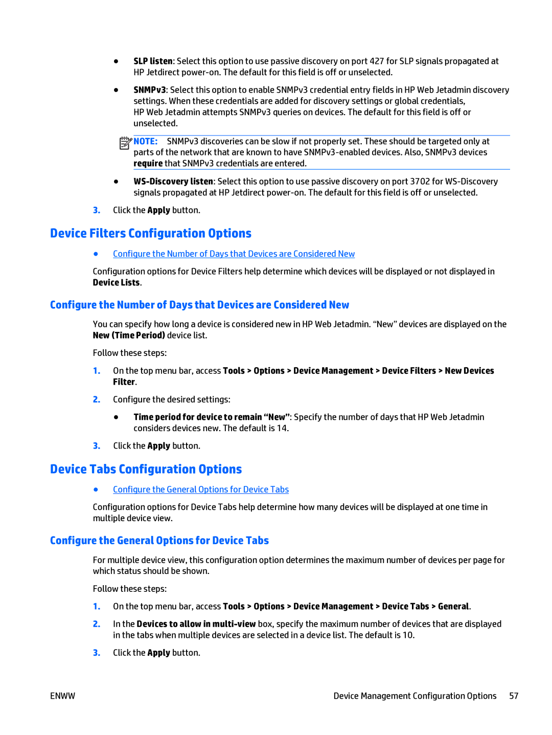 HP Web Jetadmin Software manual Device Filters Configuration Options, Device Tabs Configuration Options 