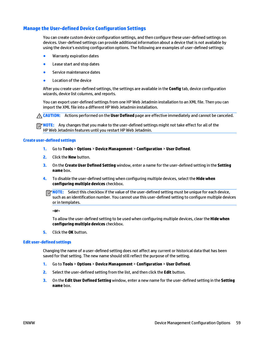 HP Web Jetadmin Software manual Manage the User-defined Device Configuration Settings, Create user-defined settings 