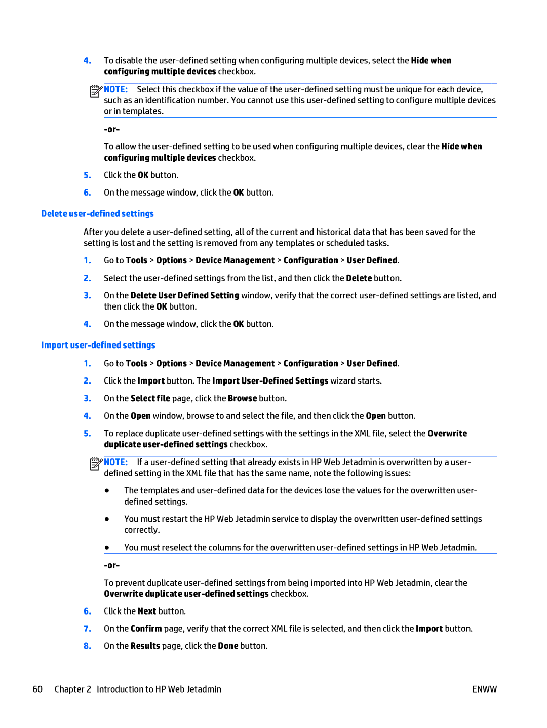 HP Web Jetadmin Software manual Delete user-defined settings, Import user-defined settings 