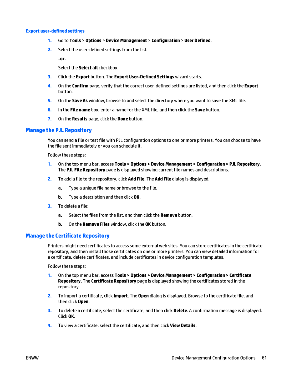 HP Web Jetadmin Software manual Manage the PJL Repository, Manage the Certificate Repository, Export user-defined settings 