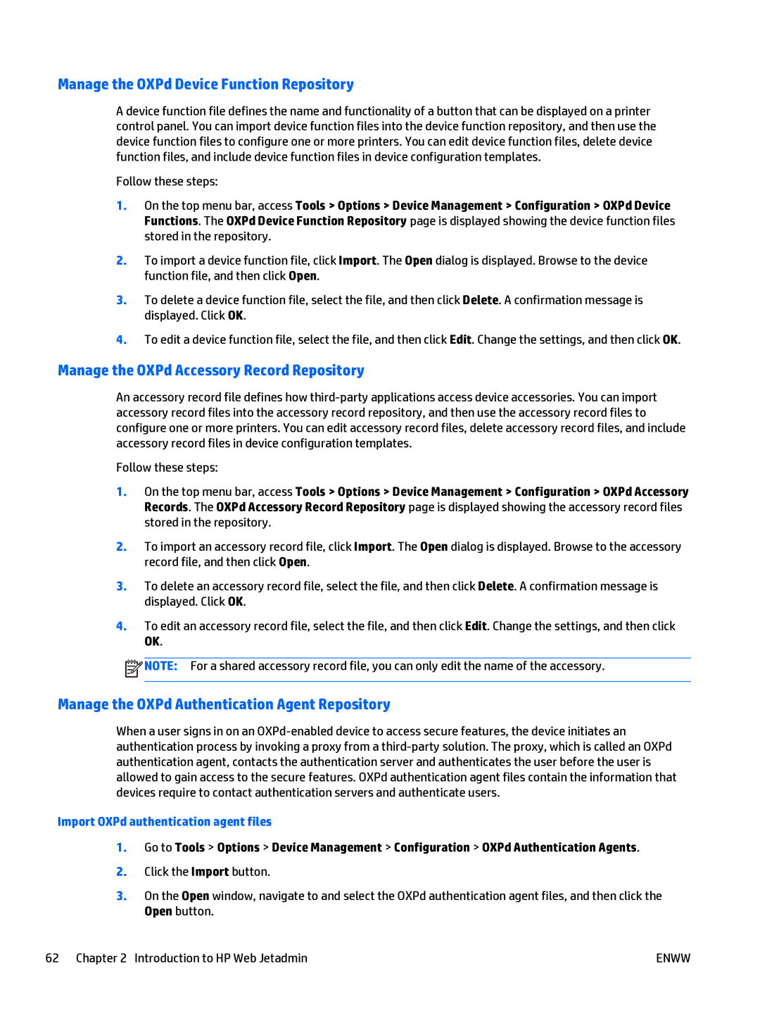 HP Web Jetadmin Software manual Manage the OXPd Device Function Repository, Manage the OXPd Accessory Record Repository 