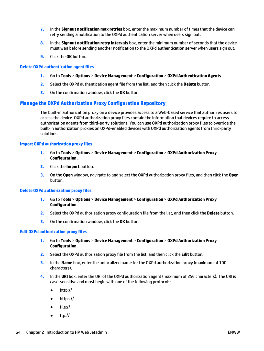 HP Web Jetadmin Software manual Delete OXPd authentication agent files, Import OXPd authorization proxy files 