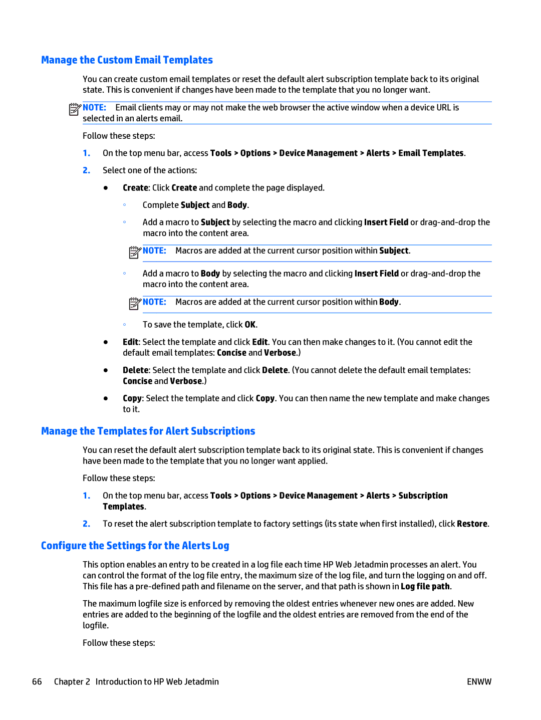 HP Web Jetadmin Software manual Manage the Custom Email Templates, Manage the Templates for Alert Subscriptions 