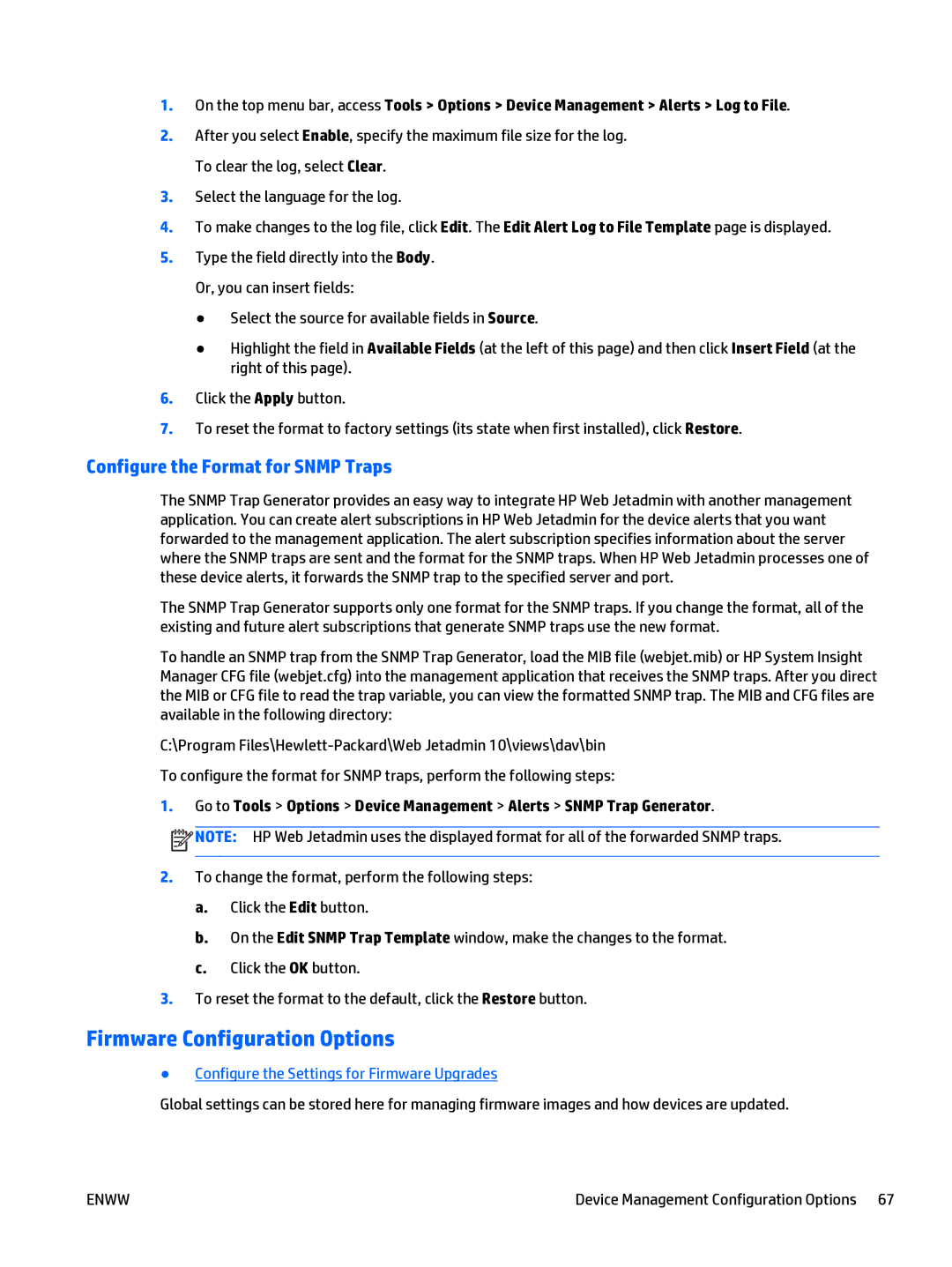 HP Web Jetadmin Software manual Firmware Configuration Options, Configure the Format for Snmp Traps 