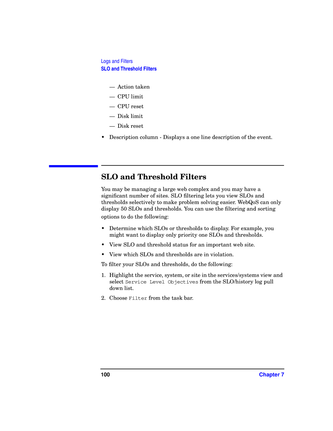 HP WebQoS Software manual SLO and Threshold Filters 