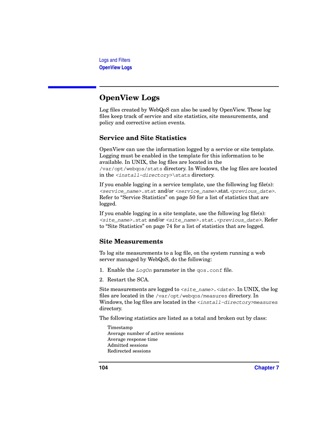 HP WebQoS Software manual OpenView Logs, Service and Site Statistics, Site Measurements 