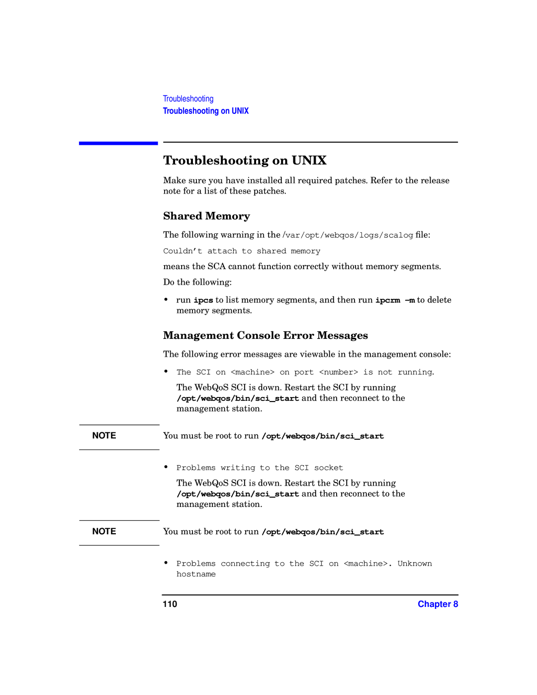 HP WebQoS Software manual Troubleshooting on Unix, Shared Memory, Management Console Error Messages 