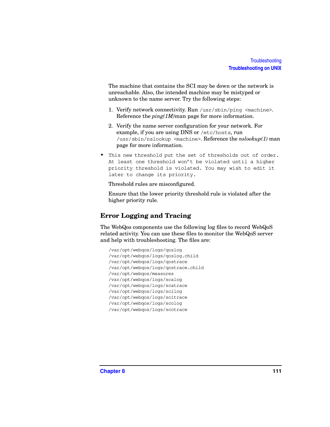 HP WebQoS Software manual Error Logging and Tracing 