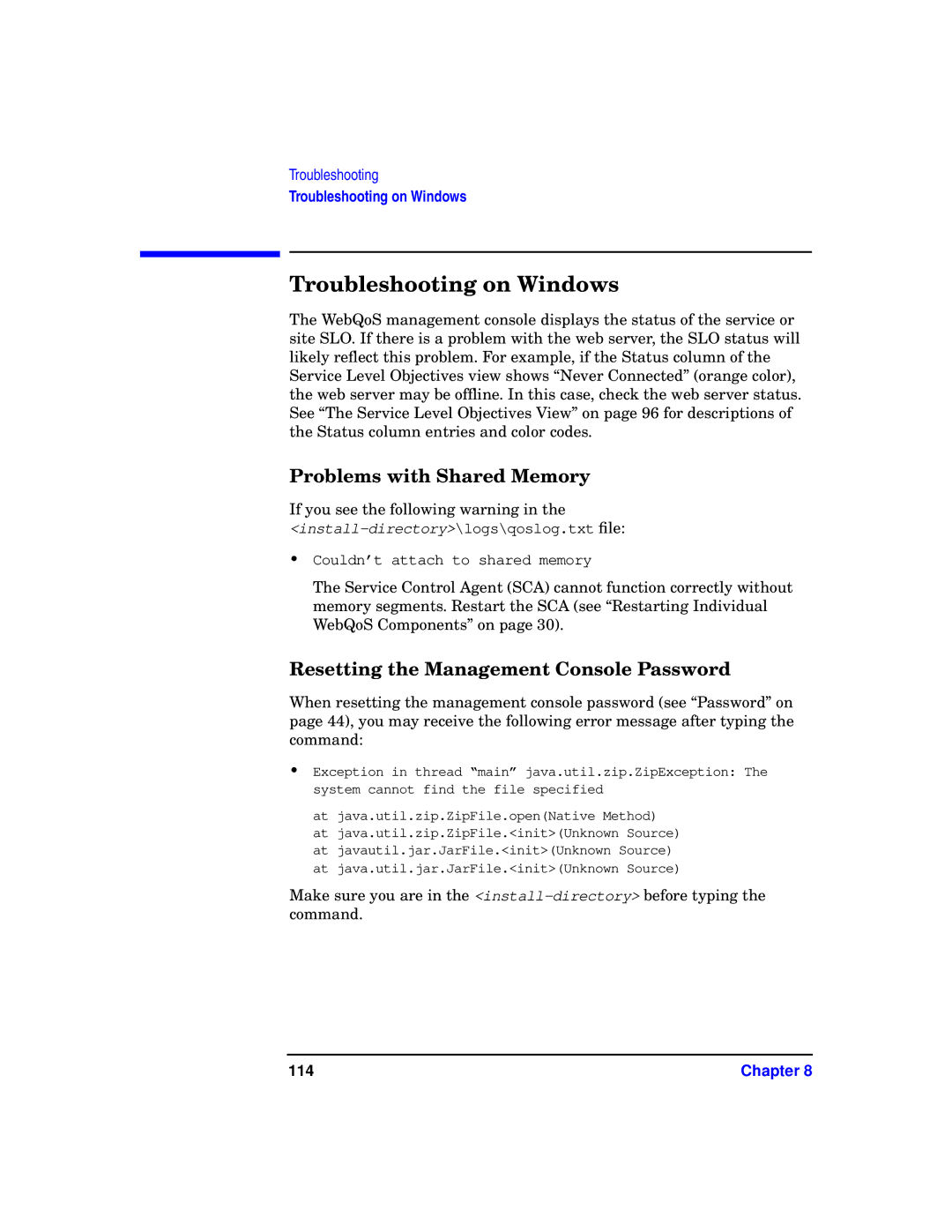 HP WebQoS Software Troubleshooting on Windows, Problems with Shared Memory, Resetting the Management Console Password 