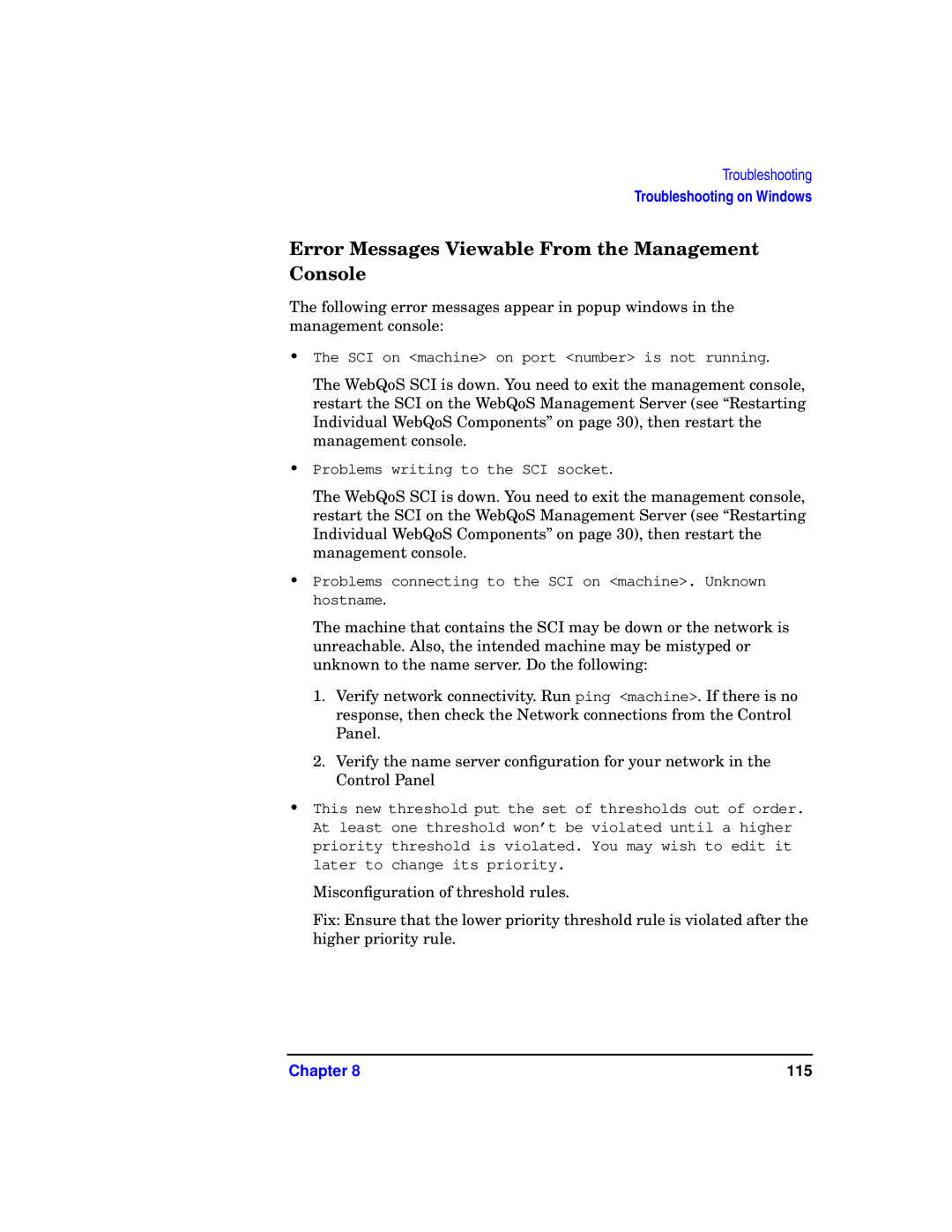 HP WebQoS Software manual Error Messages Viewable From the Management Console 