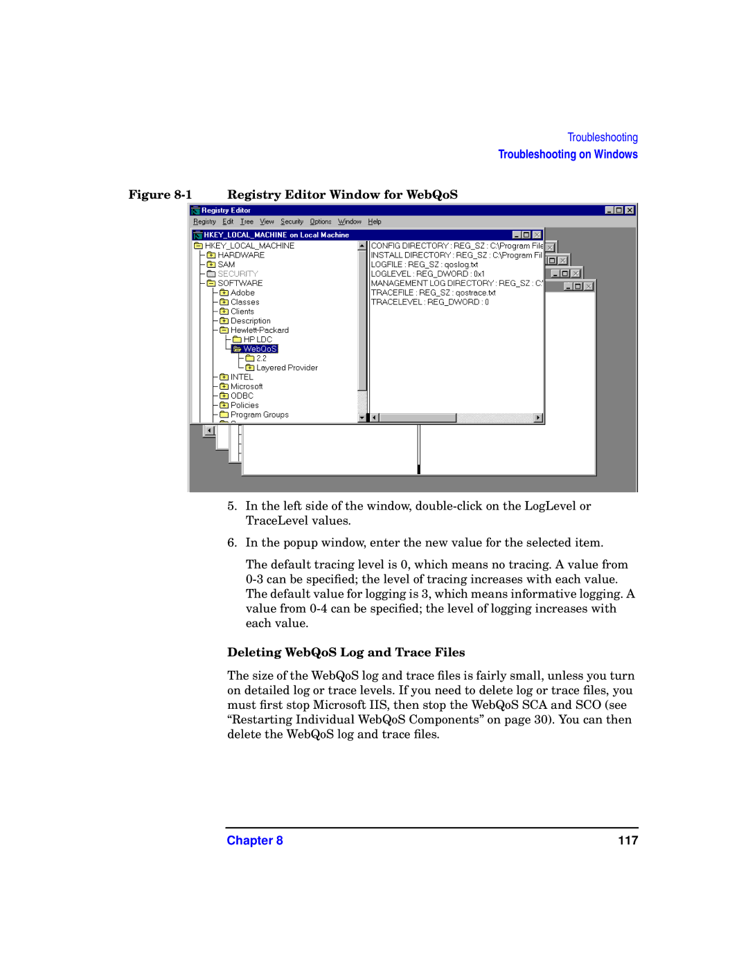 HP WebQoS Software manual Registry Editor Window for WebQoS, Deleting WebQoS Log and Trace Files 