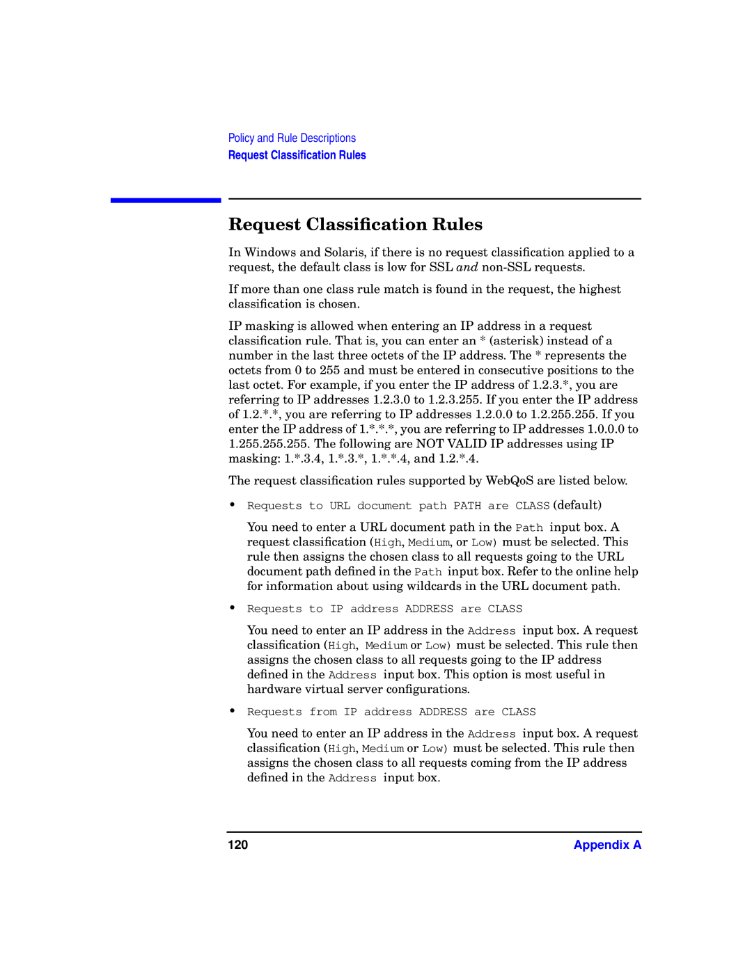 HP WebQoS Software manual Request Classiﬁcation Rules 