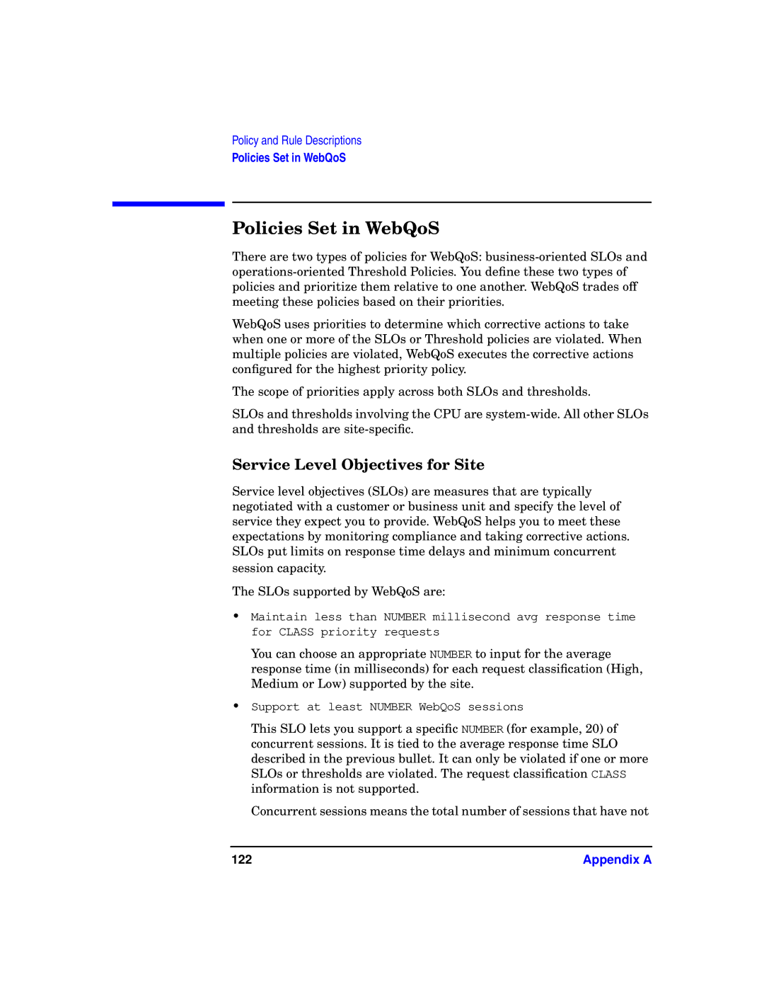 HP WebQoS Software manual Policies Set in WebQoS, Service Level Objectives for Site 